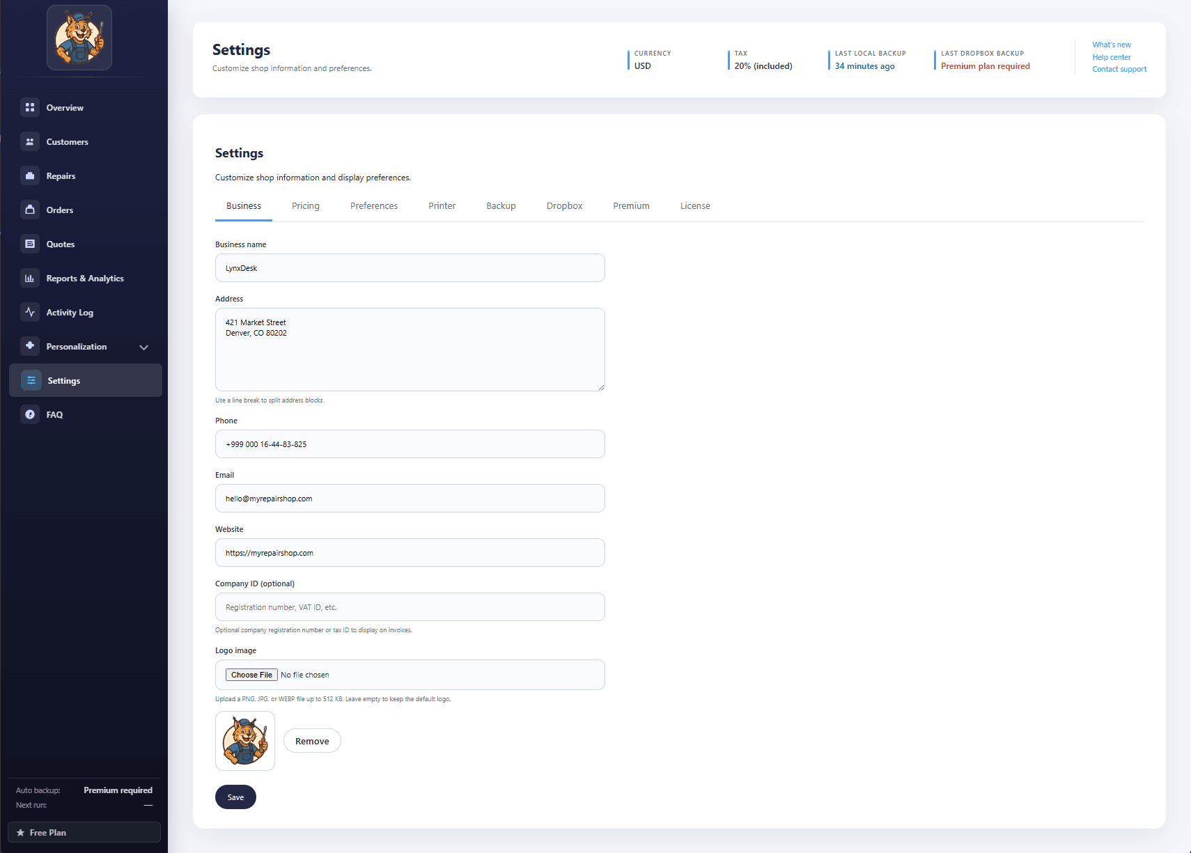 Business information settings page with shop configuration